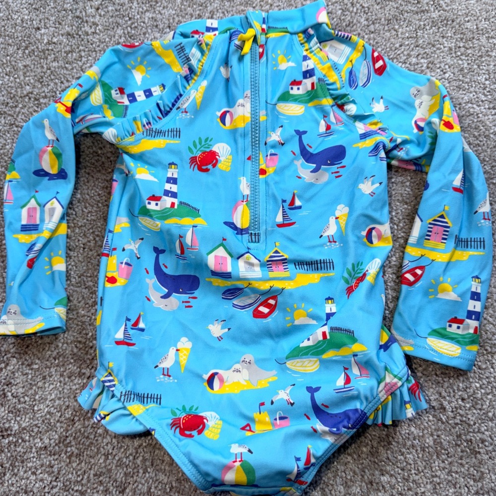 Baby Boden Nautical Seaside Print Long Sleeve Rash Guard Swimsuit Blue 12-18M - Picture 2 of 3